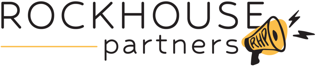 Rockhouse Partners logo with a black outlined gold megaphone