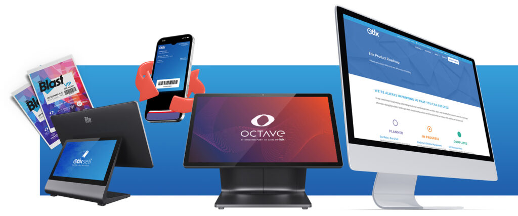A blue gradient collage of Etix solutions: printed tickets, a smartphone with ticket transfer arrows, an Etix Sell ticket selling terminal, an Octave pint-of-sale touchscreen, and a desktop monitor displaying the Etix Product Roadmap.